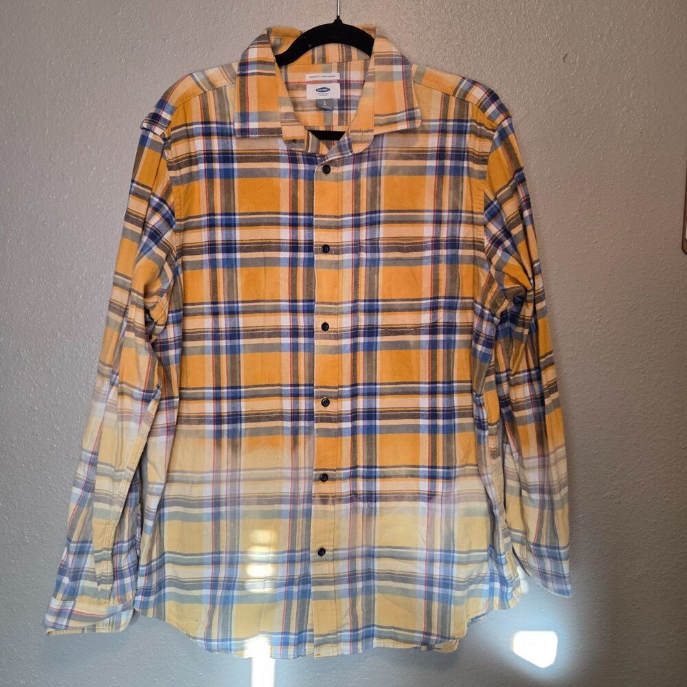 Custom Bleached Dip-Dye Flannel Shirt Large - Old Navy Yellow Blue Plaid